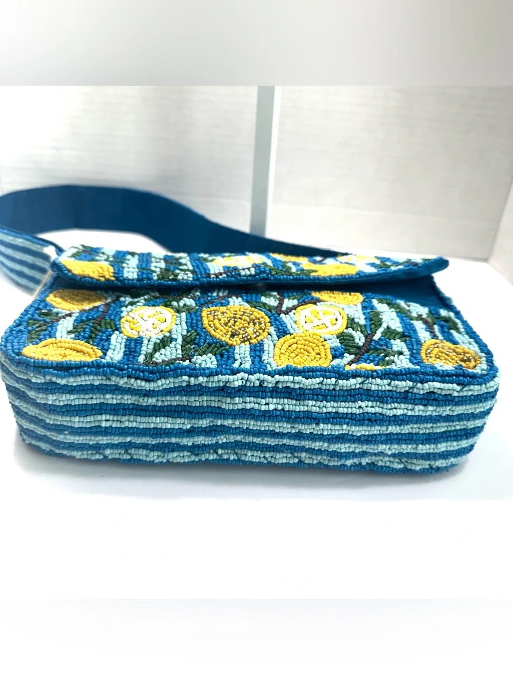 SOL and MER Beaded Striped Lemon Shoulder Bag, Made In India, Blue Multi Stripe